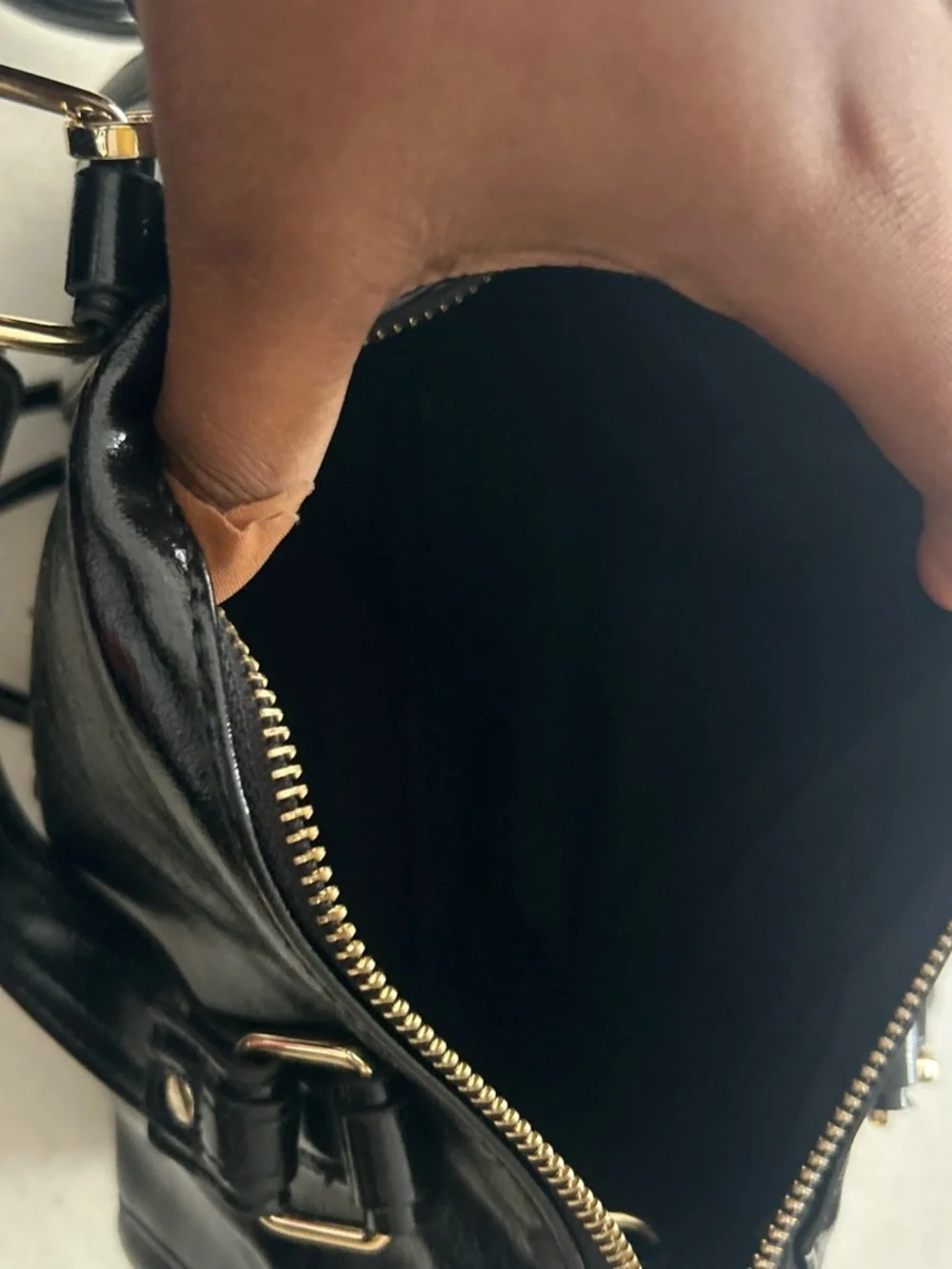 NYC Patent Black Crossbody Bag with Gold Accents
